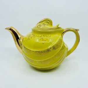 Vintage 1930s Hall China Canary Yellow 0799GL Art Deco Teapot Gold Trim Hook Lid